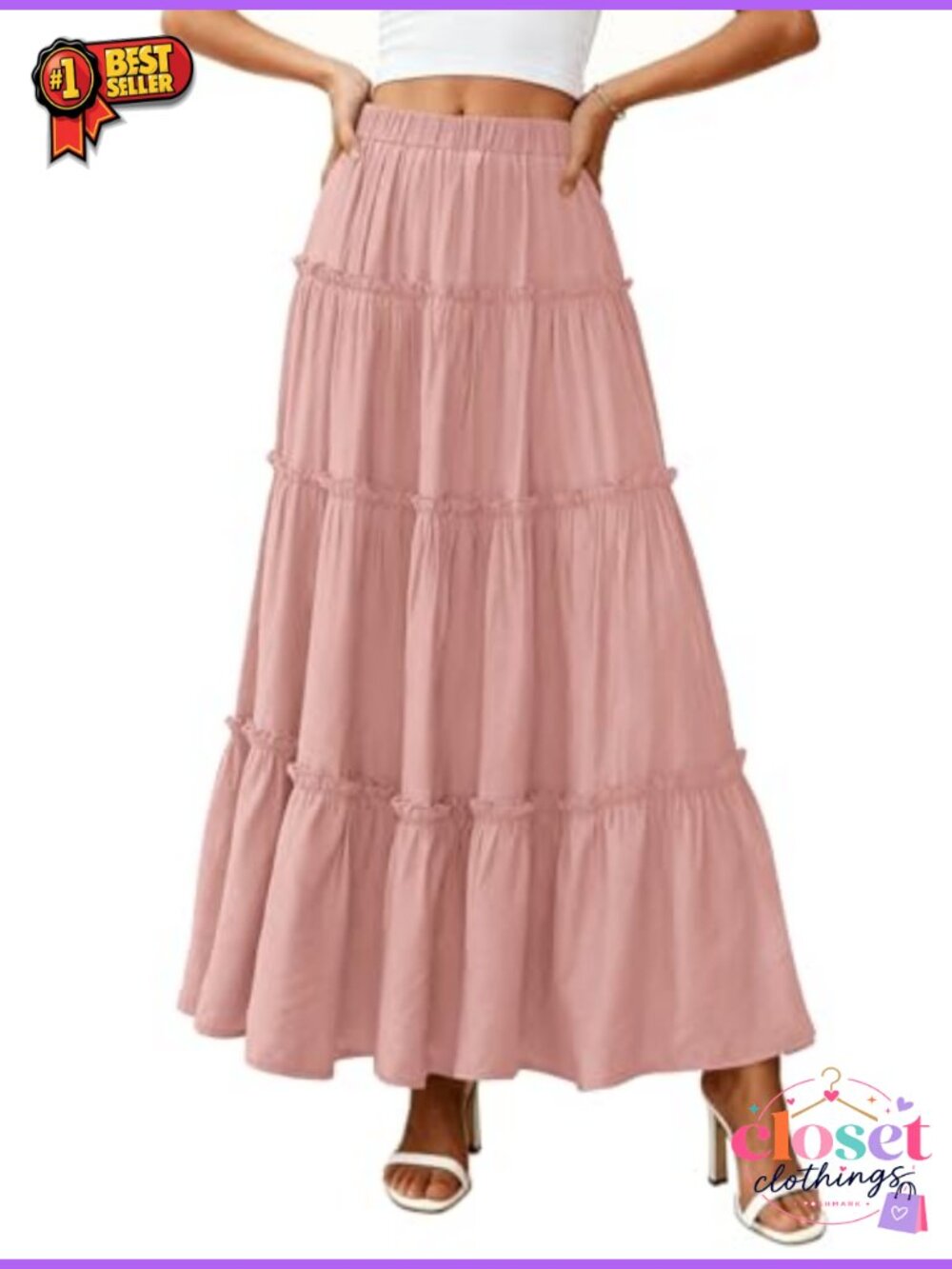 Women's Boho Tiered Ruffle Flowy Maxi Skirt with Pockets - Picture 4 of 6